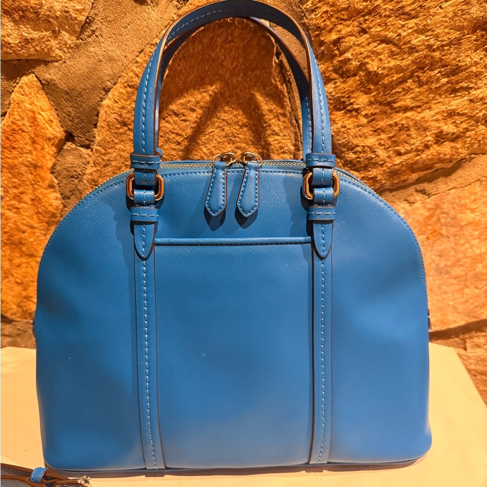 Coach Peyton Leather Cora Domed Satchel in blue saffiano leather - Picture 11 of 17